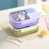 The cartoon cute student lunch box has a large capacity with compartments, a dipping sauce box, tableware, and a lunch box that can be heated in a microwave oven Application Scenario